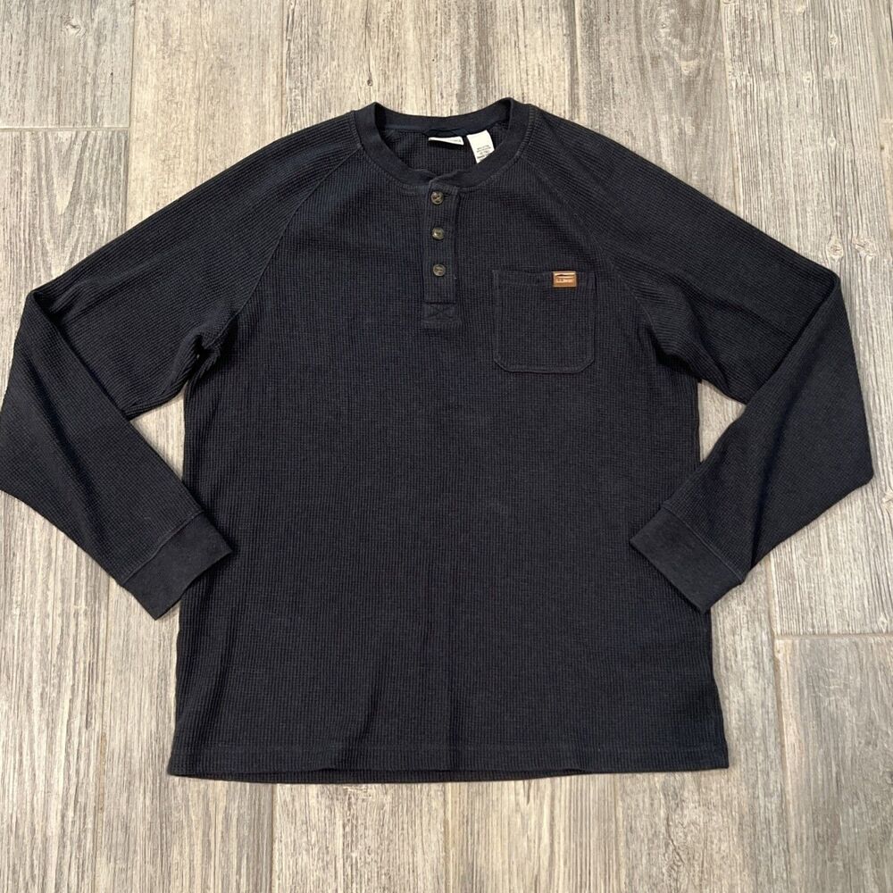 L.L. Bean Shirt Mens LG-Tall Black Waffle Thermal Henley Long Sleeve Pocket Knit - Picture 3 of 14